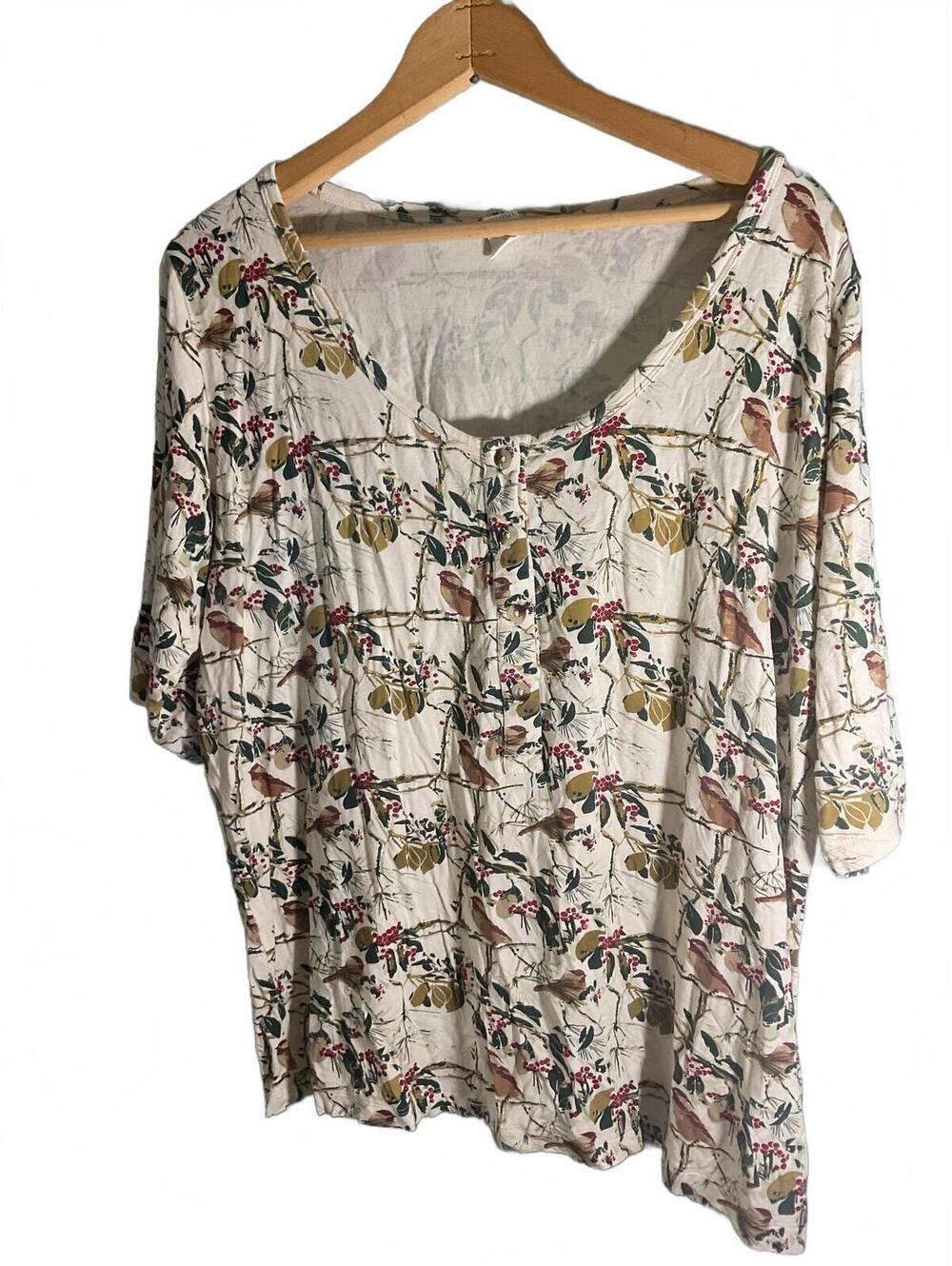 Kate Quinn XL Floral Botanical Bird Print Organic Henley T XL